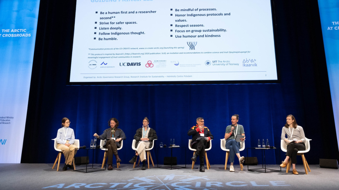 In-person speakers at the Arctic Circle Forum Berlin. From left to right: Evie Morin, Aslak Holmberg, Naja Dyrendom Graugaard, Jan-Erik Henriksen, Anne S. Chahine, Nina N. Döring. 